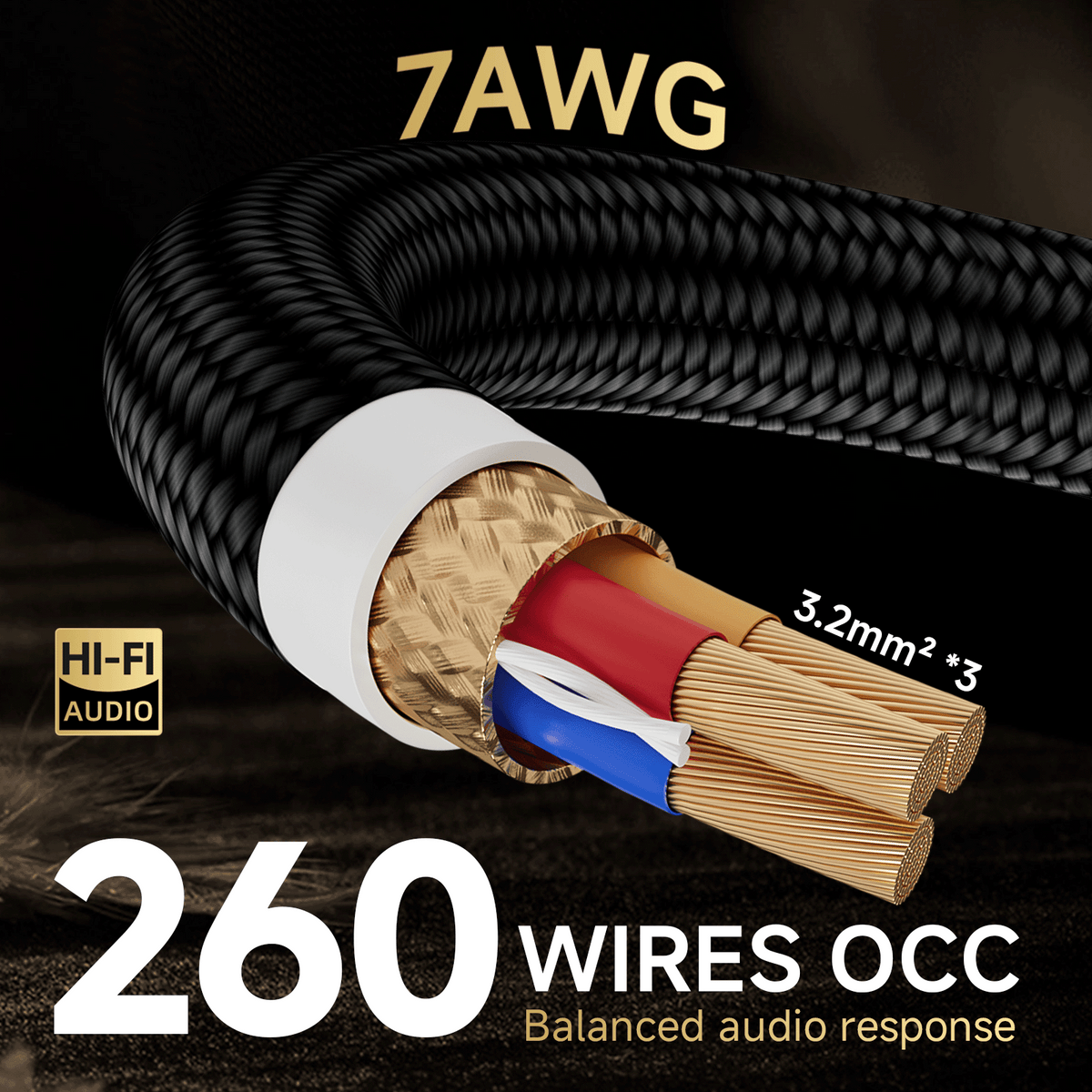 TODN HiFi Audio Power Cable for Audiophile with 7 AWG O-C-C Cores, 24K Gold Plated 3 Prong Power Cord Plug/IEC C15, Φ17.5mm