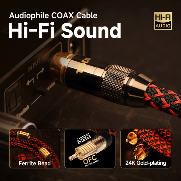 TODN HiFi Digital Coaxial Audio Cable for Audiophile 75 Ohm SPDIF Coax with OFC Core, Dual Shielded, 24K Gold-Plated Plug