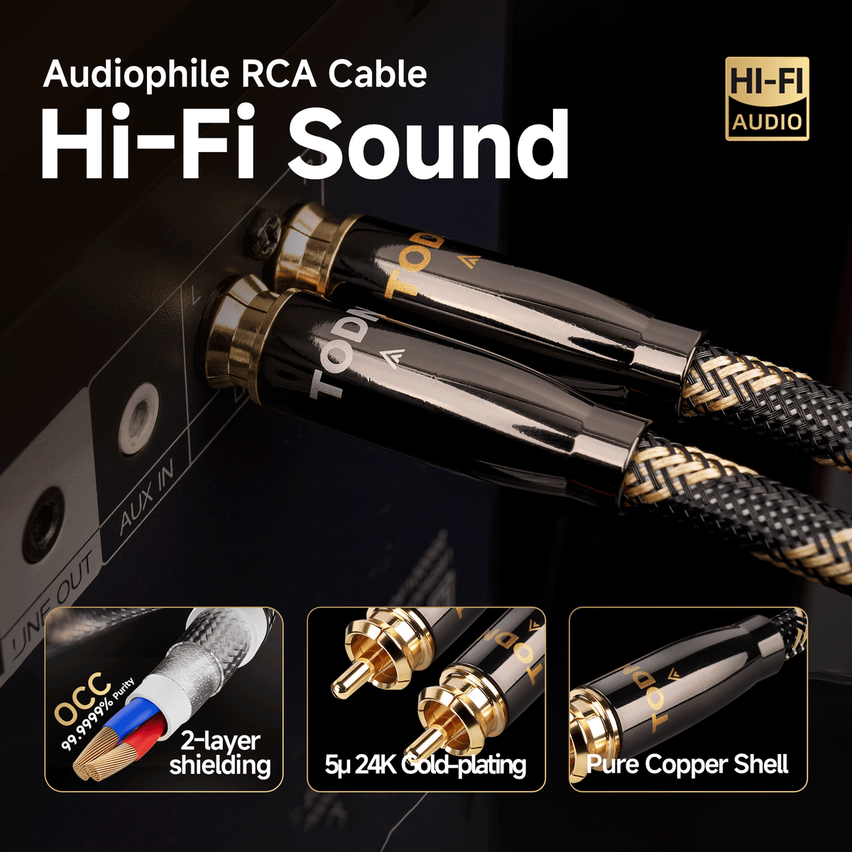 TODN Audiophile RCA Cables HiFi RCA Audio Cable with O-C-C Core, Dual Shielded for Home Stereo System (1 Pair)