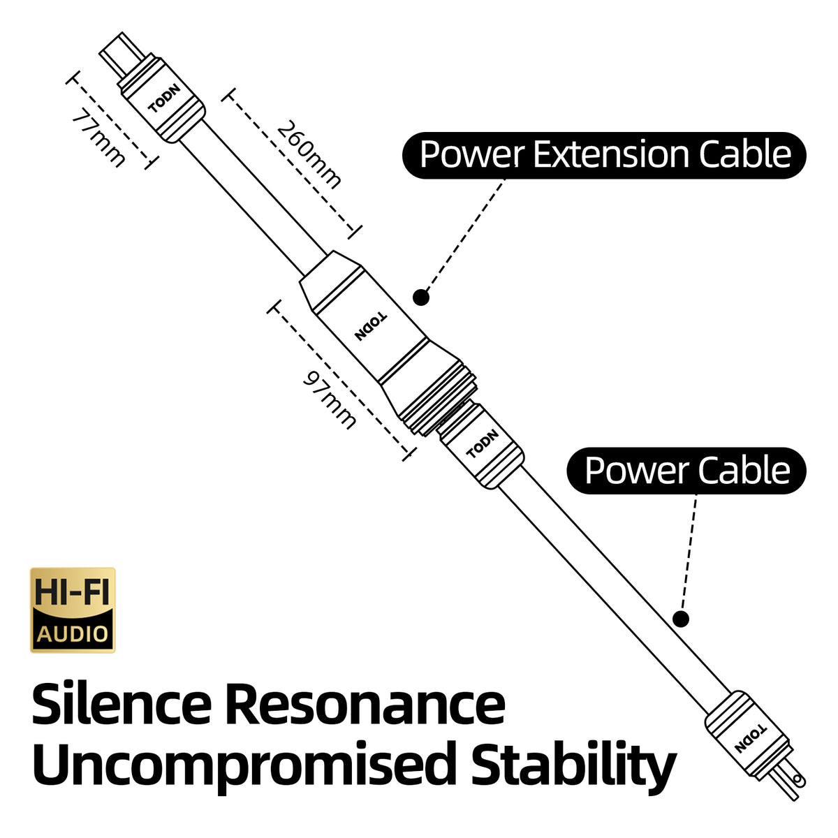 TODN Power EMI Filter Cable with Dual Shielded for Clean up Power, Noise Reduction - Silver-Plated OFC, Rhodium-Plated Plug IEC C14 to C15, 17.5mm, 1.15ft/0.35m