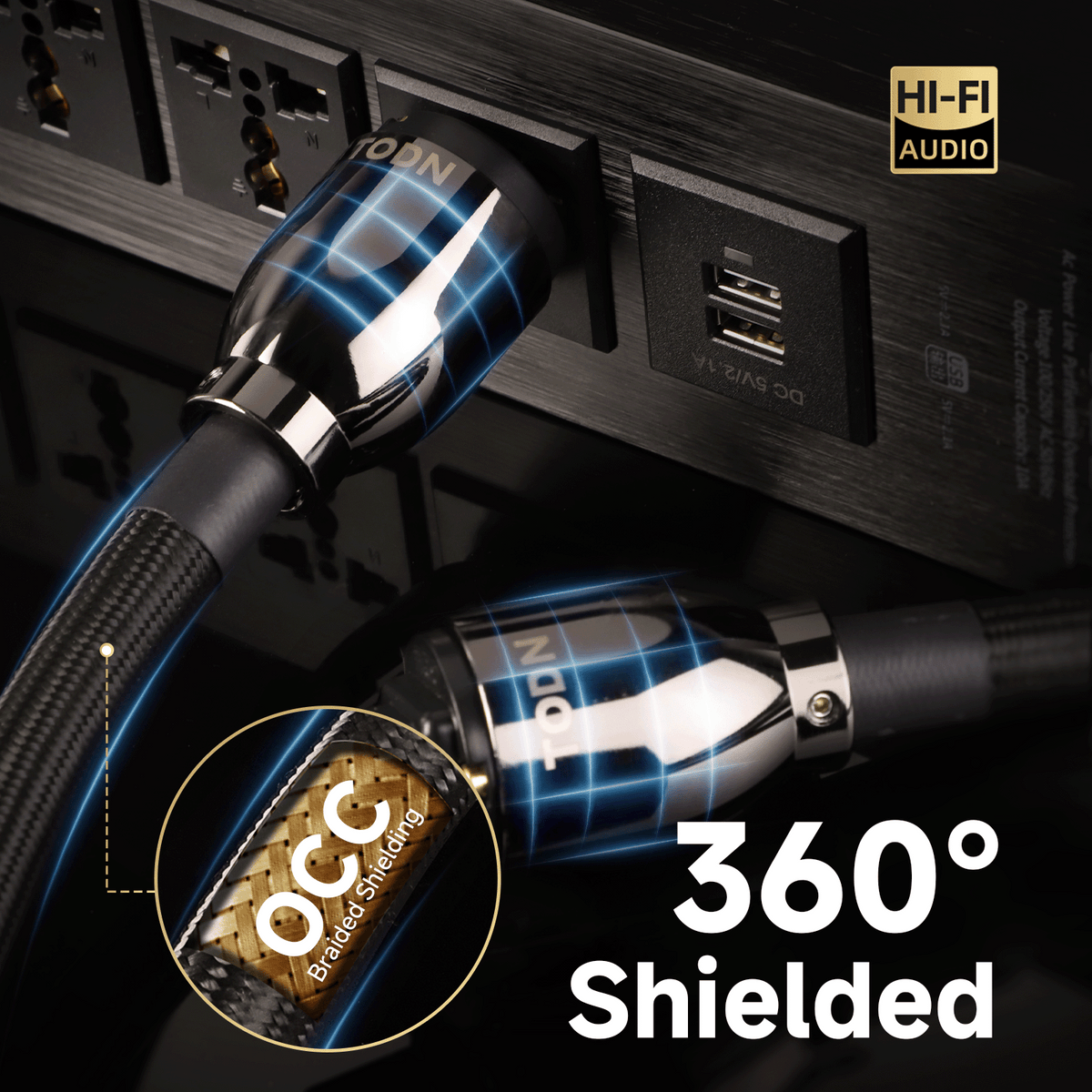 TODN HiFi Audio Power Cable for Audiophile with 7 AWG O-C-C Cores, 24K Gold Plated 3 Prong Power Cord Plug/IEC C15, Φ17.5mm