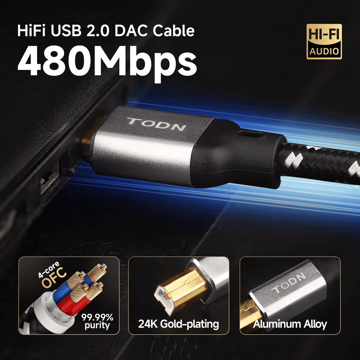 TODN Printer Cable USB A to USB B with OFC Core, HiFi USB 2.0 DAC Cable Audiophile for Sound Card/Piano/Amps