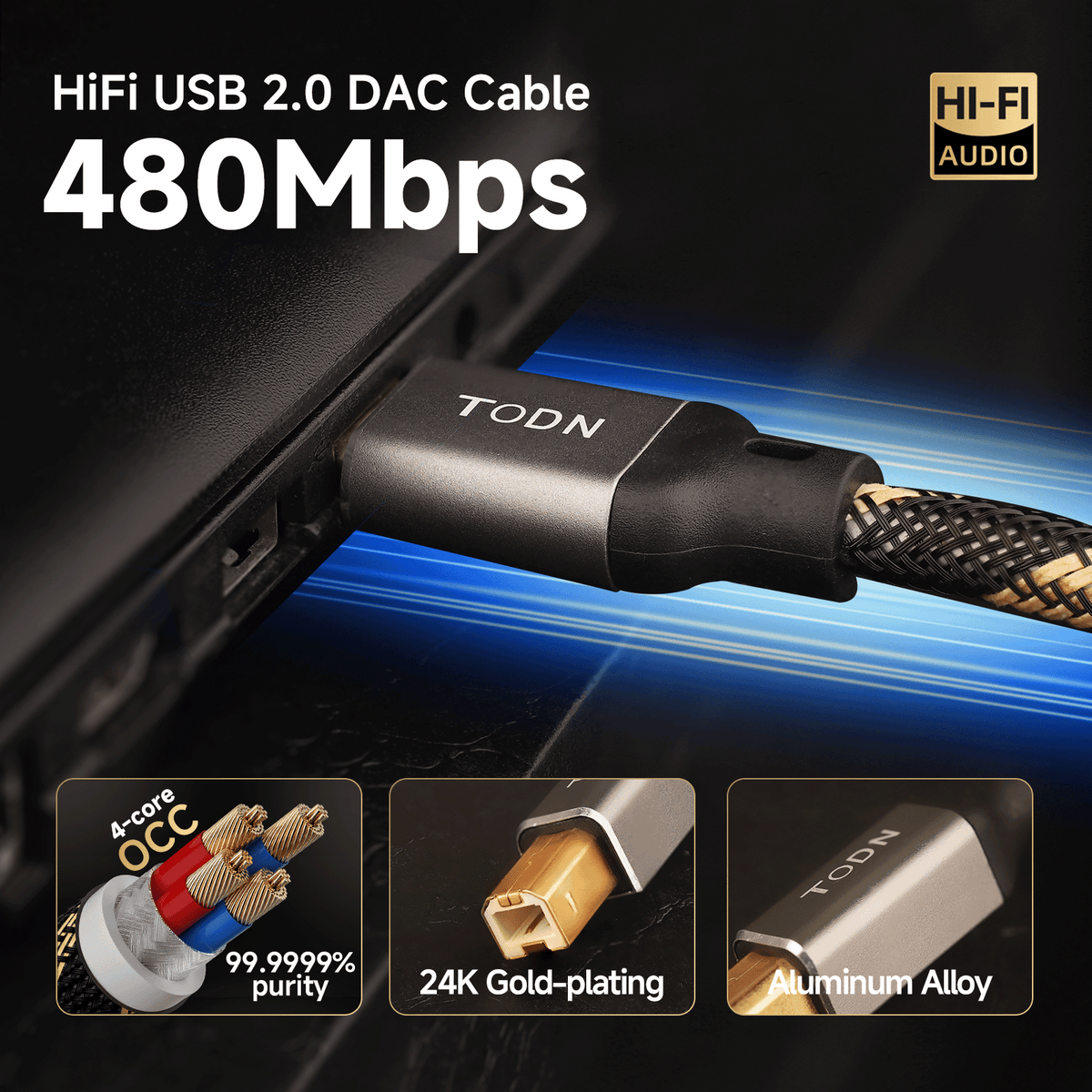 TODN HiFi USB Digital Audio Cable, USB A to B for Audiophile, O-C-C Core, DAC Cable for Computer/Sound Card/Piano/Amps