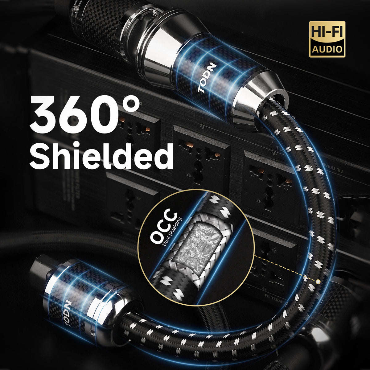 TODN Power EMI Filter Cable with Dual Shielded for Clean up Power, Noise Reduction - Silver-Plated OFC, Rhodium-Plated Plug IEC C14 to C15, 17.5mm, 1.15ft/0.35m