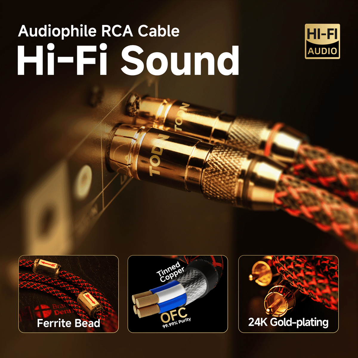 TODN RCA Cables for Audiophile 3ft HiFi Stereo Shielded RCA to RCA Audio Cable for Car, Subwoofer, 4-Core OFC, 5μ Gold Plated Plug (1 Pair)
