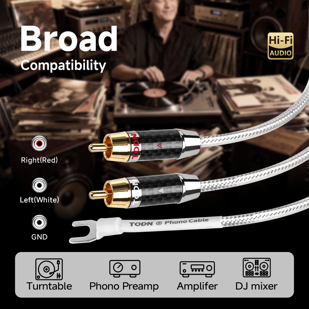 TODN High-End Silver-Plated OFC Phono Cable with Ground Turntable Cable