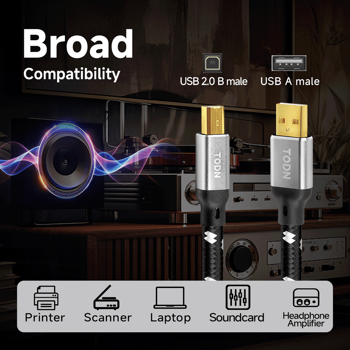TODN Printer Cable USB A to USB B with OFC Core, HiFi USB 2.0 DAC Cable Audiophile for Sound Card/Piano/Amps