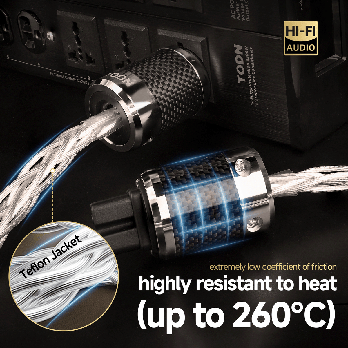 TODN Audiophile Power Cable 4 AWG HiFi Audio Power Cord with Silver-Plated O-C-C, Carbon Fiber Shell, Rhodium-Plated US Plug, Φ17.5mm