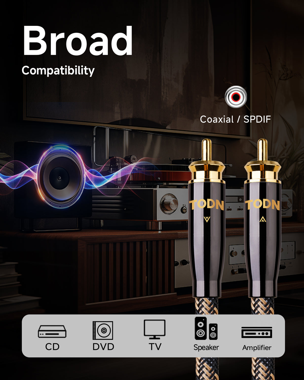 TODN HiFi Digital Coaxial Audio Cable for Audiophile 75-Ohm SPDIF Coax with O-C-C Core, Dual Shielded, 24K Gold-Plated Plug