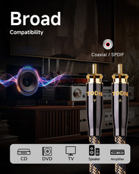 TODN HiFi Digital Coaxial Audio Cable for Audiophile 75-Ohm SPDIF Coax with O-C-C Core, Dual Shielded, 24K Gold-Plated Plug