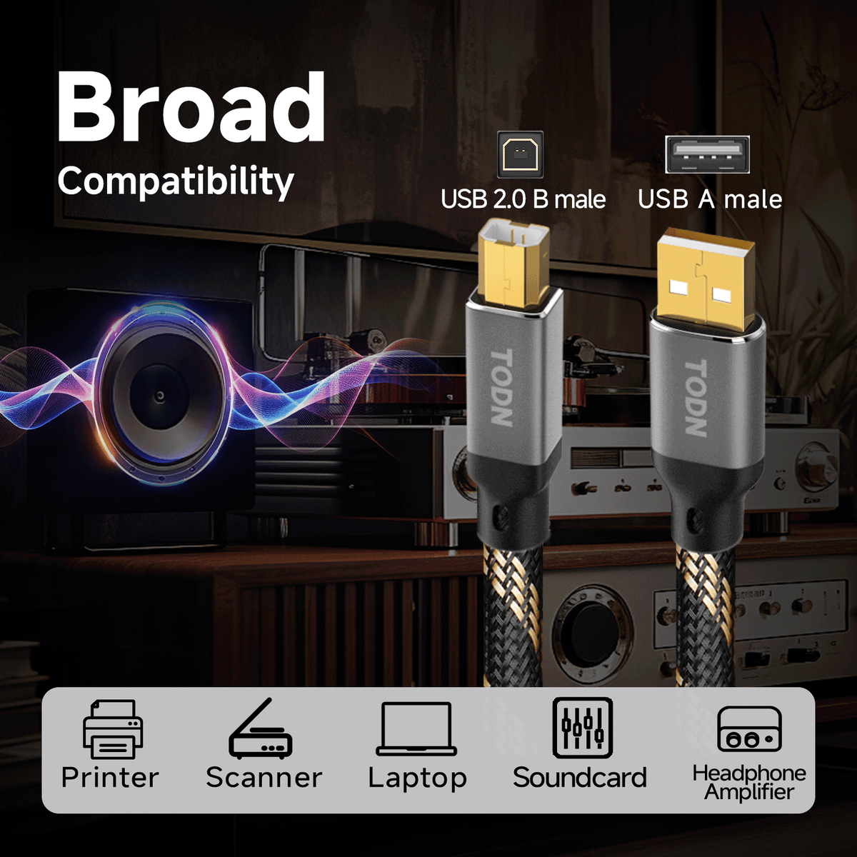 TODN HiFi USB Digital Audio Cable, USB A to B for Audiophile, O-C-C Core, DAC Cable for Computer/Sound Card/Piano/Amps