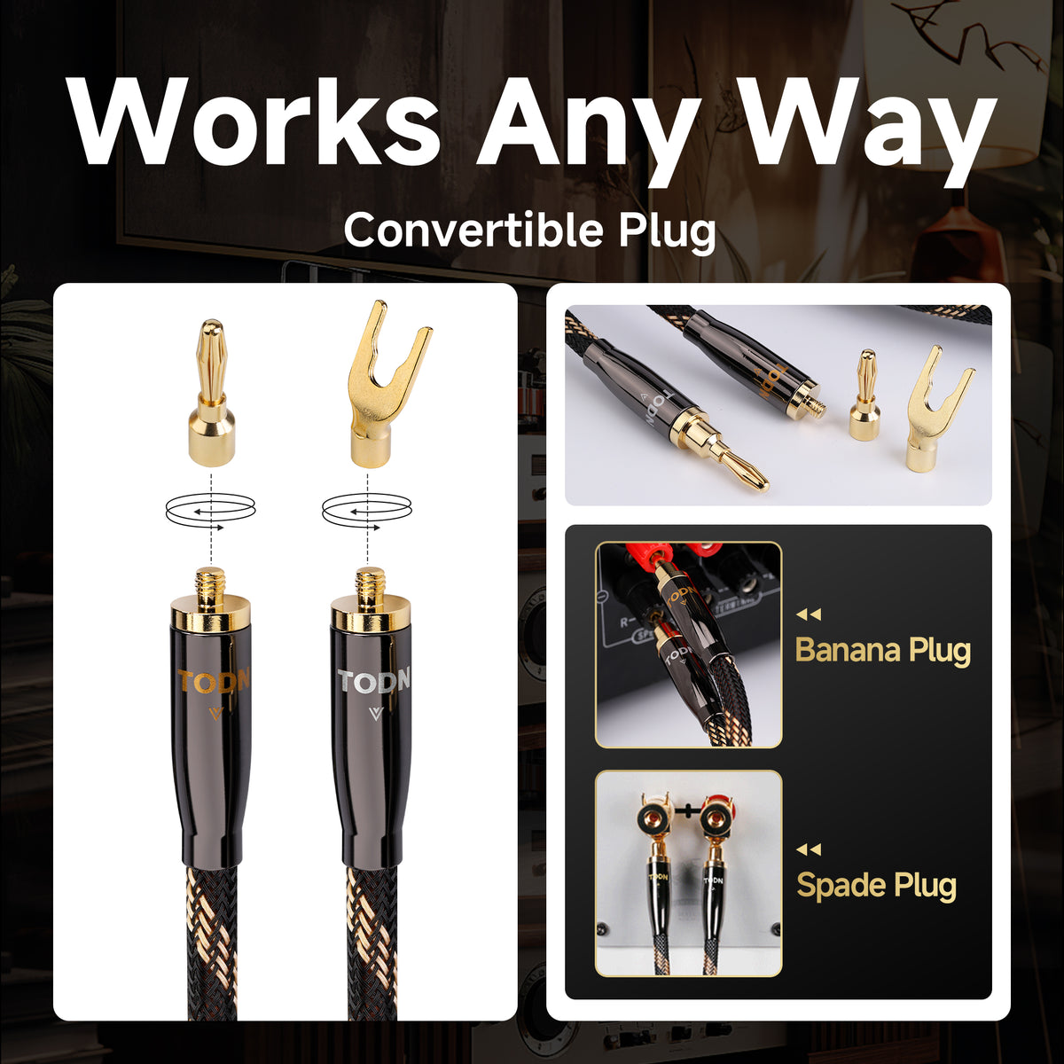 TODN HiFi Speaker Cable with Banana Plugs and Spade Plugs for Audiophile, 5 AWG OCC-Core, Dual Shielded Banana Plug Audio Cables