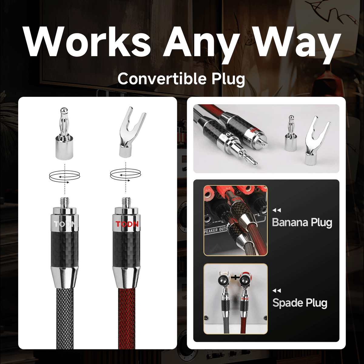 TODN HiFi Speaker Cable with Banana Plug and Spade Plug for Audiophile 7 AWG Silver-Plated O-C-C, Tri-Shielded