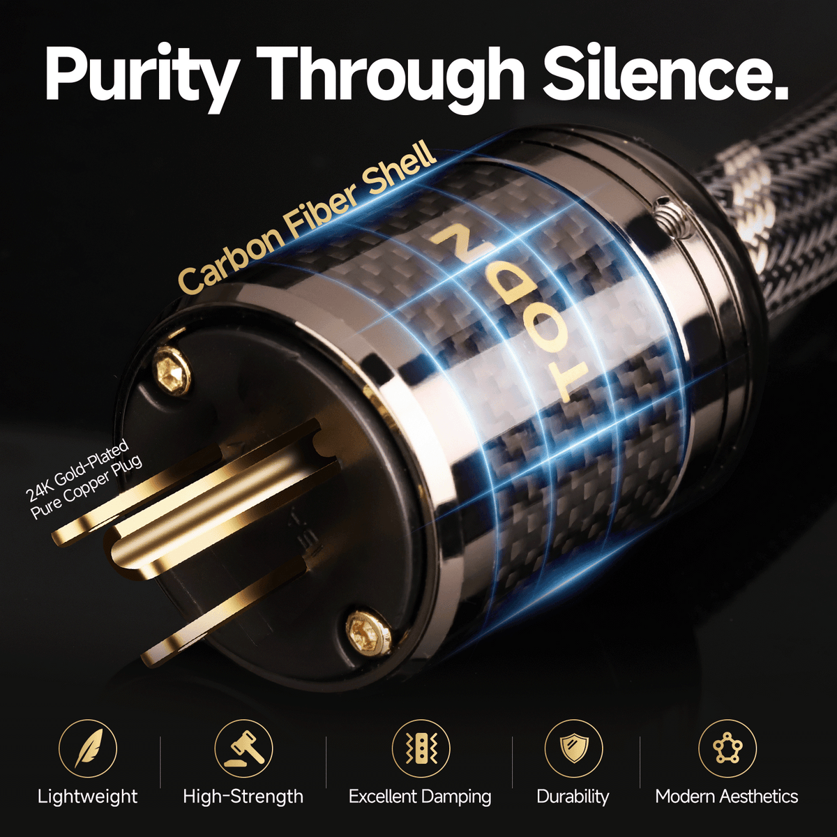 TODN Audiophile Audio Power Cable 7 AWG OFC+OCC Cores HiFi Power Cord with Carbon Fiber Shell, 24K Gold Plated US Plug, Φ17.5mm