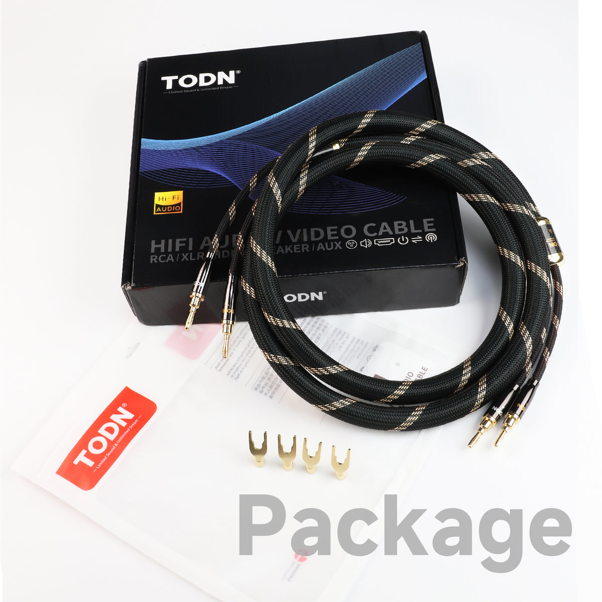TODN HiFi Speaker Cable with Banana Plugs and Spade Plugs for Audiophile, 5 AWG OCC-Core, Dual Shielded Banana Plug Audio Cables