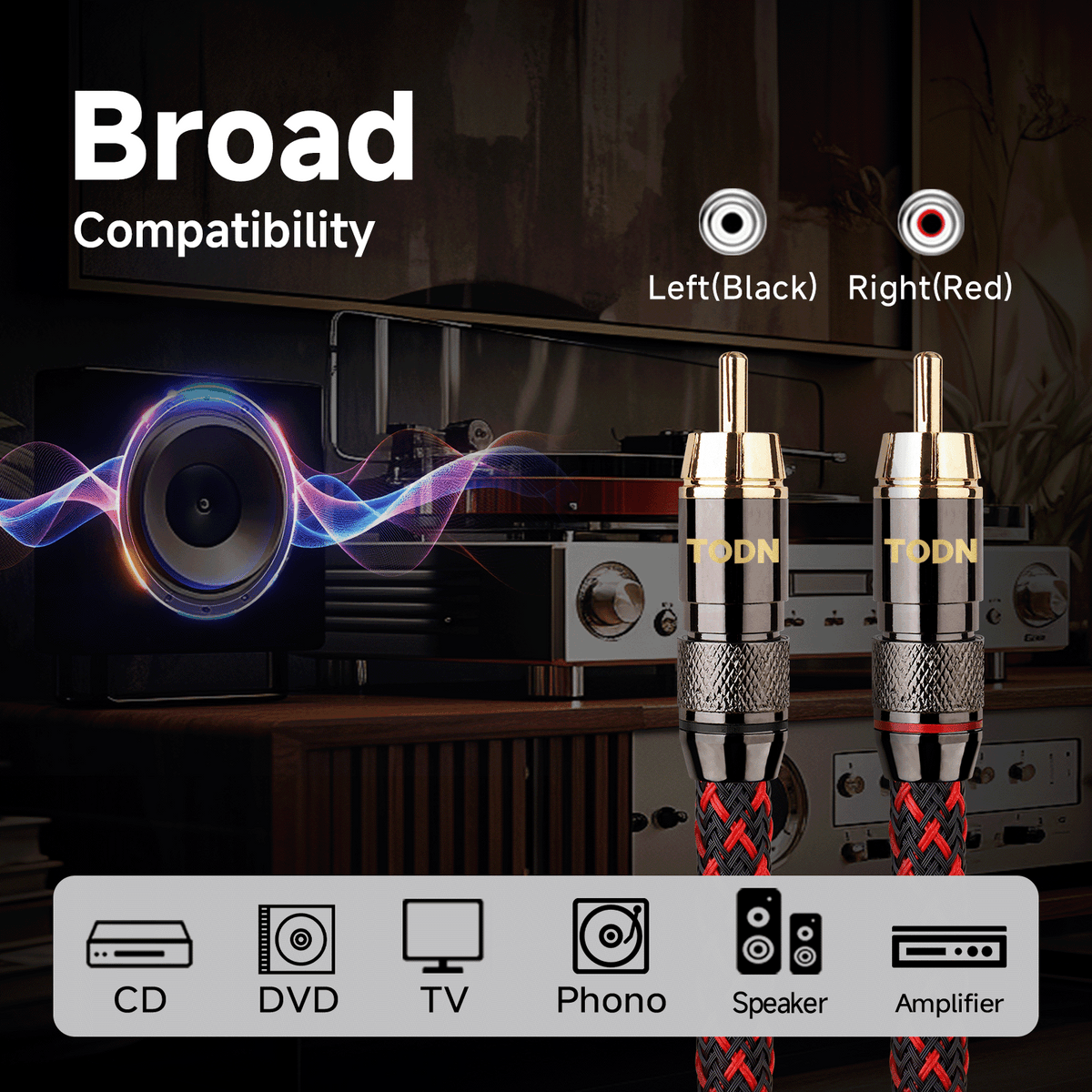 TODN RCA Cables for Audiophile 3ft HiFi Stereo Shielded RCA to RCA Audio Cable for Car, Subwoofer, 4-Core OFC, 5μ Gold Plated Plug (1 Pair)