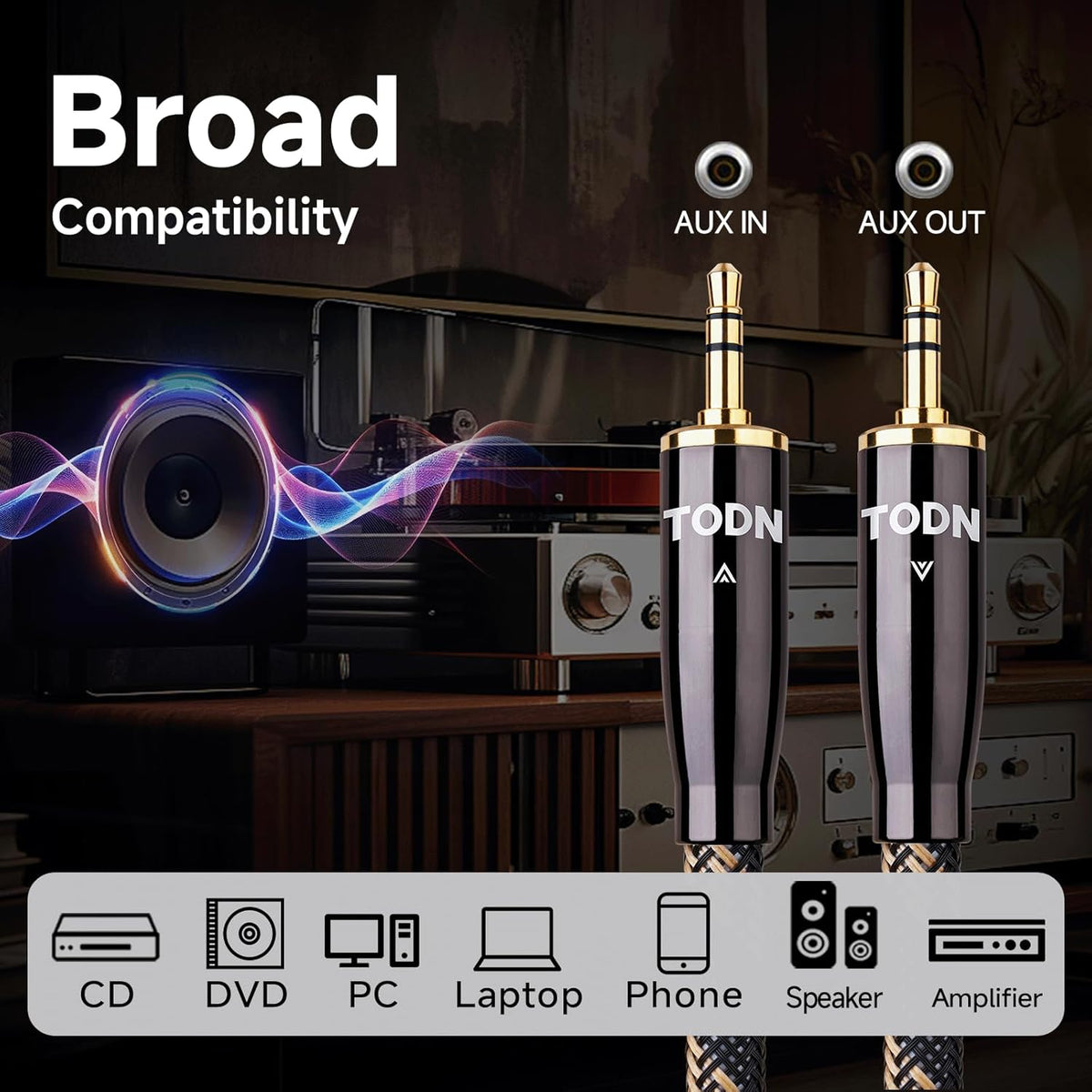 TODN 3.5mm Audio Cable for Audiophile AUX to AUX Cord with OCC Core and Dual Shielded for Car Stereo/Tablets/Portable Speakers (4.9ft/1.5m, Φ7mm)