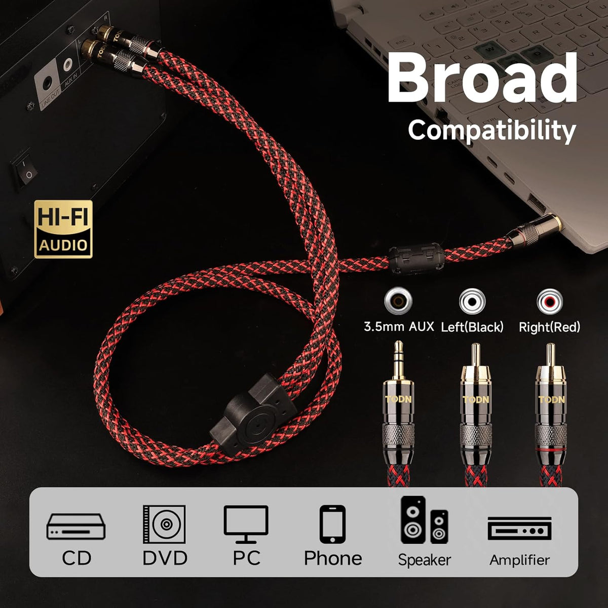 TODN 3.5mm to RCA Audio Cable for Audiophile with OFC Core, Shielded RCA to AUX Cable for Smartphone/Tablets to Speaker/Amps/Stereos (3ft/1m)