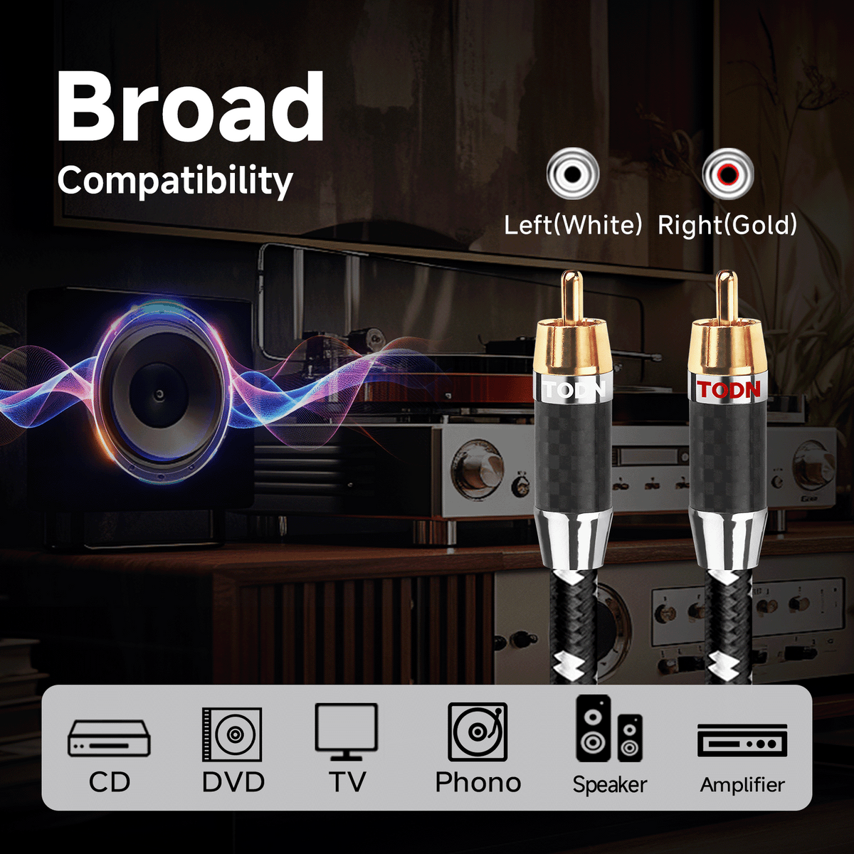 TODN RCA Cables Audiophile Male to Male Stereo Shielded HiFi OFC Car Audio RCA Cable for Sub, Amp, Phono (1 pair)