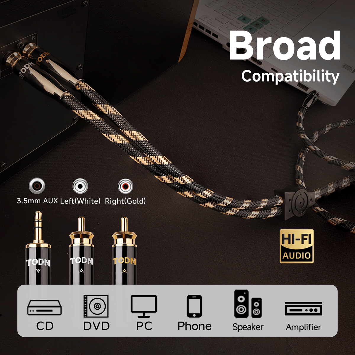 TODN RCA to 3.5mm Audio Cable for Audiophile with OCC-Core, Dual Shielded Aux to RCA Cable for Smartphone/Tablets to Speaker/Amps